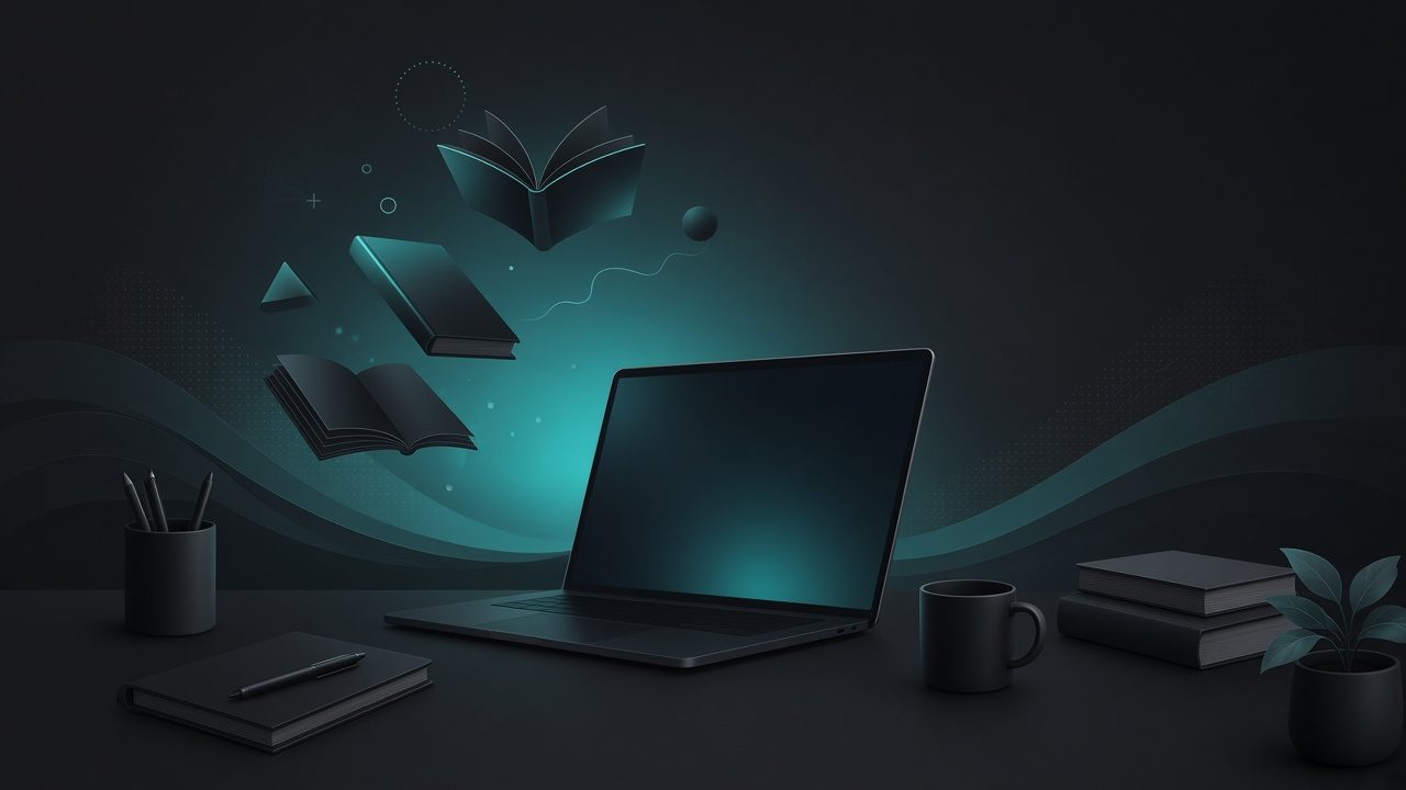 Premium remote tutoring workspace — laptop, books, and glowing study icons on a dark desk