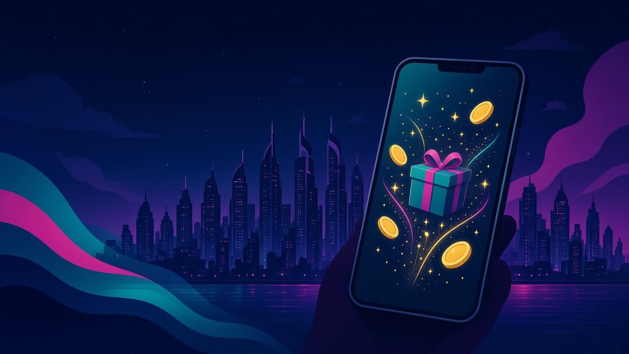 Hand holding a phone with gift and gold coins over a Gulf night skyline — live-stream tipping illustration
