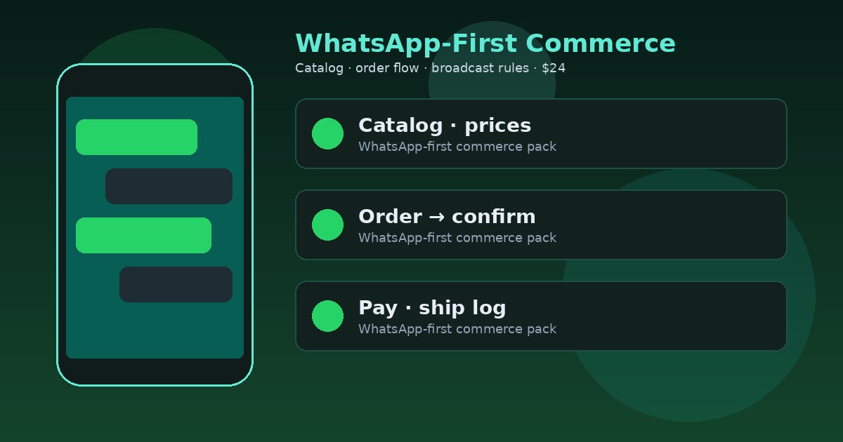 WhatsApp-first commerce — phone chat and catalog cards on dark green